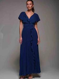 Jolie Moi Occasion Dresses|Wrap Dresses- Pleated Frill Detail Chiffon Maxi Dress Navy
