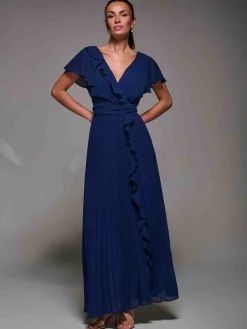 Jolie Moi Occasion Dresses|Wrap Dresses- Pleated Frill Detail Chiffon Maxi Dress Navy