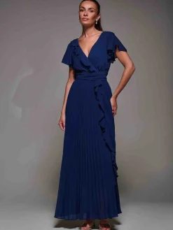 Jolie Moi Occasion Dresses|Wrap Dresses- Pleated Frill Detail Chiffon Maxi Dress Navy