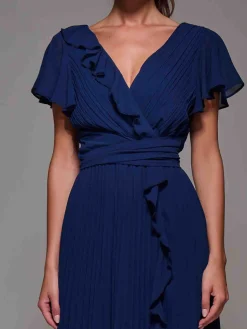 Jolie Moi Occasion Dresses|Wrap Dresses- Pleated Frill Detail Chiffon Maxi Dress Navy