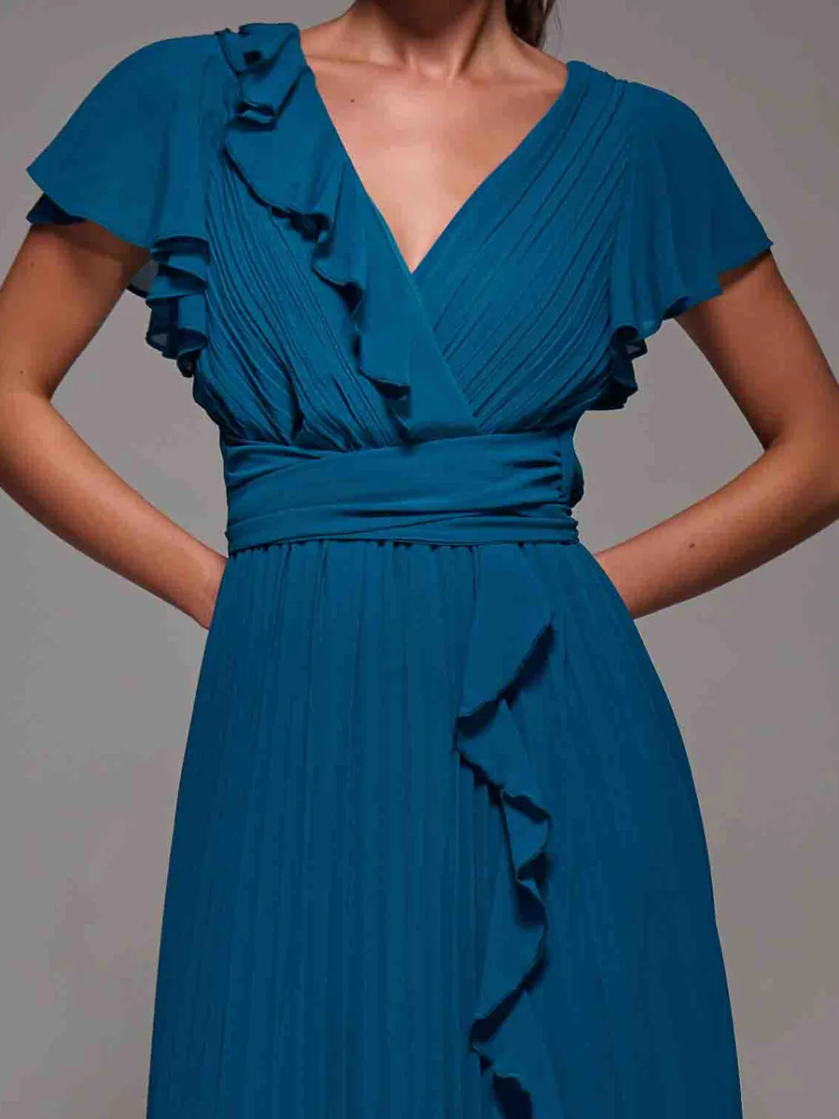 Jolie Moi Occasion Dresses|Wrap Dresses-Pleated Frill Detail Chiffon Maxi Dress, Teal