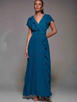 Jolie Moi Occasion Dresses|Wrap Dresses-Pleated Frill Detail Chiffon Maxi Dress, Teal