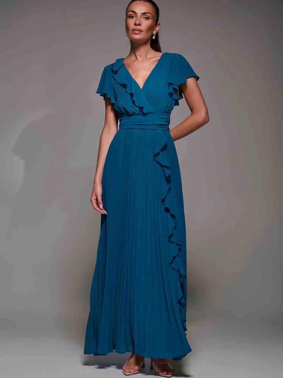 Jolie Moi Occasion Dresses|Wrap Dresses-Pleated Frill Detail Chiffon Maxi Dress, Teal