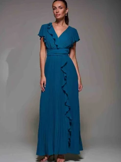 Jolie Moi Occasion Dresses|Wrap Dresses-Pleated Frill Detail Chiffon Maxi Dress, Teal