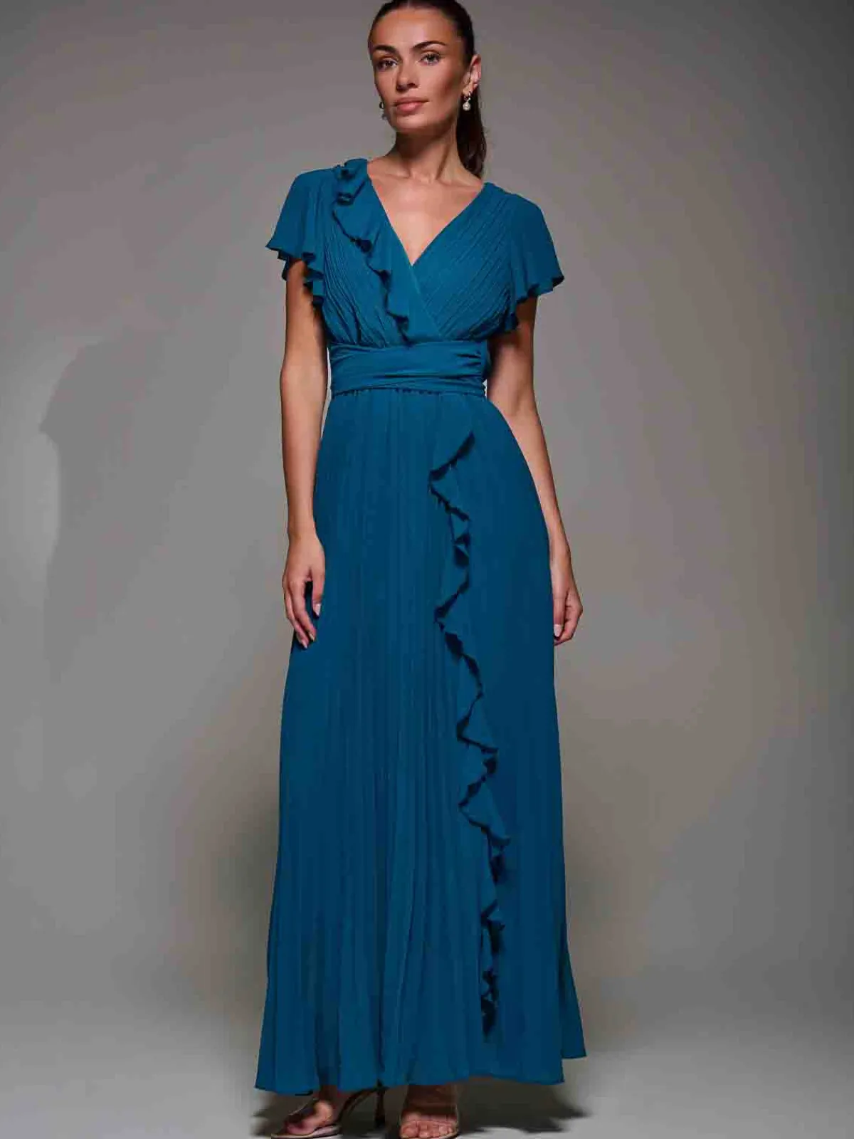 Jolie Moi Occasion Dresses|Wrap Dresses-Pleated Frill Detail Chiffon Maxi Dress, Teal