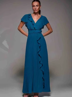 Jolie Moi Occasion Dresses|Wrap Dresses-Pleated Frill Detail Chiffon Maxi Dress, Teal