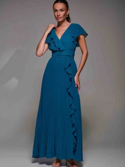Jolie Moi Occasion Dresses|Wrap Dresses-Pleated Frill Detail Chiffon Maxi Dress, Teal