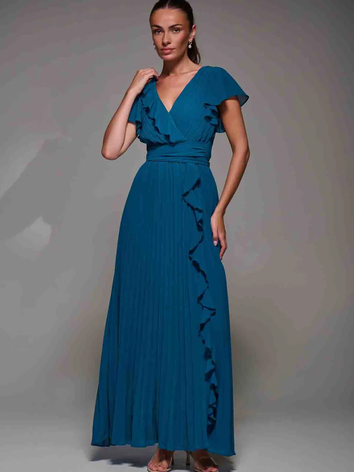 Jolie Moi Occasion Dresses|Wrap Dresses-Pleated Frill Detail Chiffon Maxi Dress, Teal
