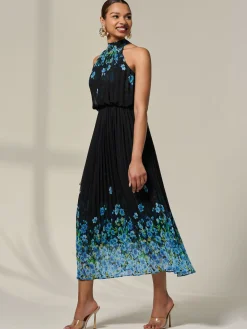 Jolie Moi Occasion Dresses|Maxi Dresses-Pleated Halterneck Maxi Dress, Blue Floral