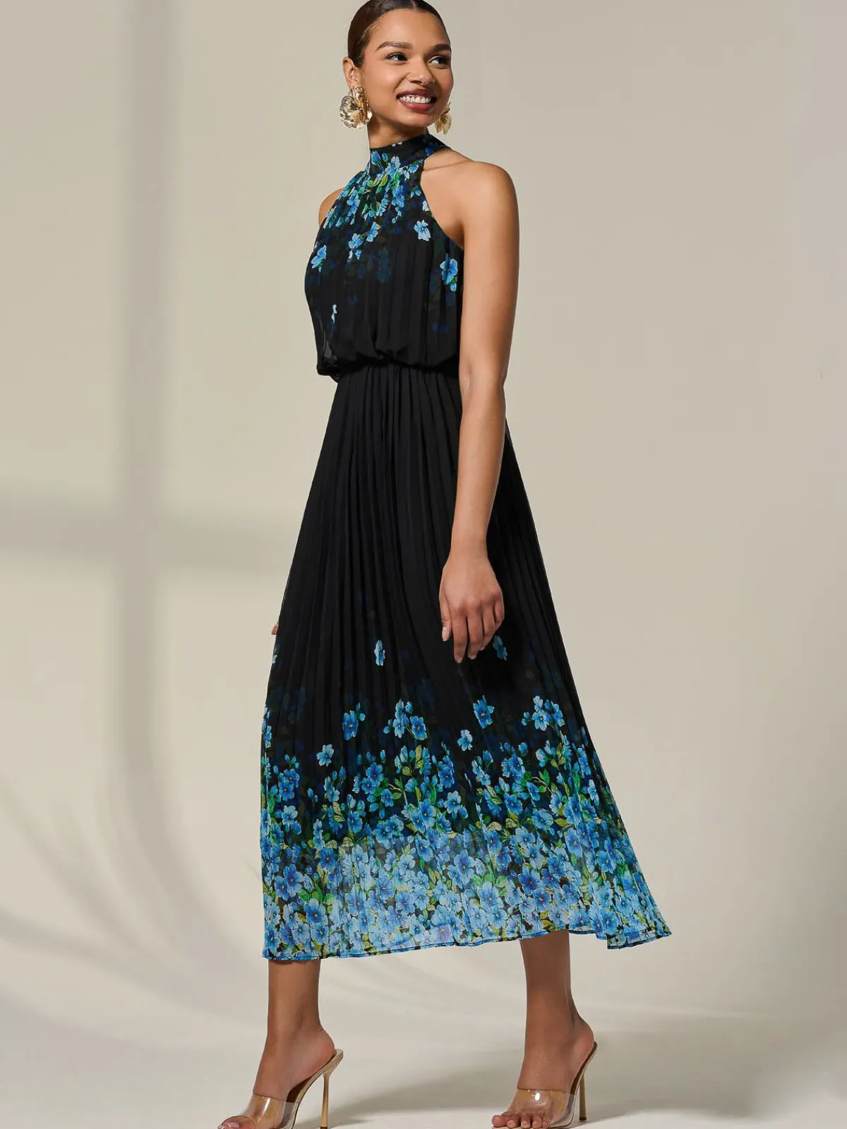 Jolie Moi Occasion Dresses|Maxi Dresses-Pleated Halterneck Maxi Dress, Blue Floral