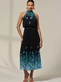 Jolie Moi Occasion Dresses|Maxi Dresses-Pleated Halterneck Maxi Dress, Blue Floral