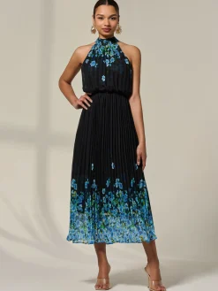 Jolie Moi Occasion Dresses|Maxi Dresses-Pleated Halterneck Maxi Dress, Blue Floral