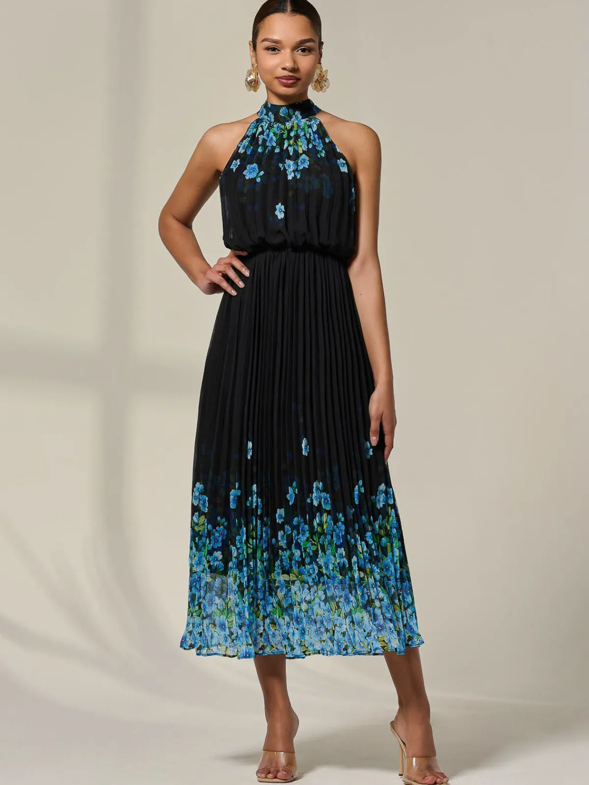 Jolie Moi Occasion Dresses|Maxi Dresses-Pleated Halterneck Maxi Dress, Blue Floral