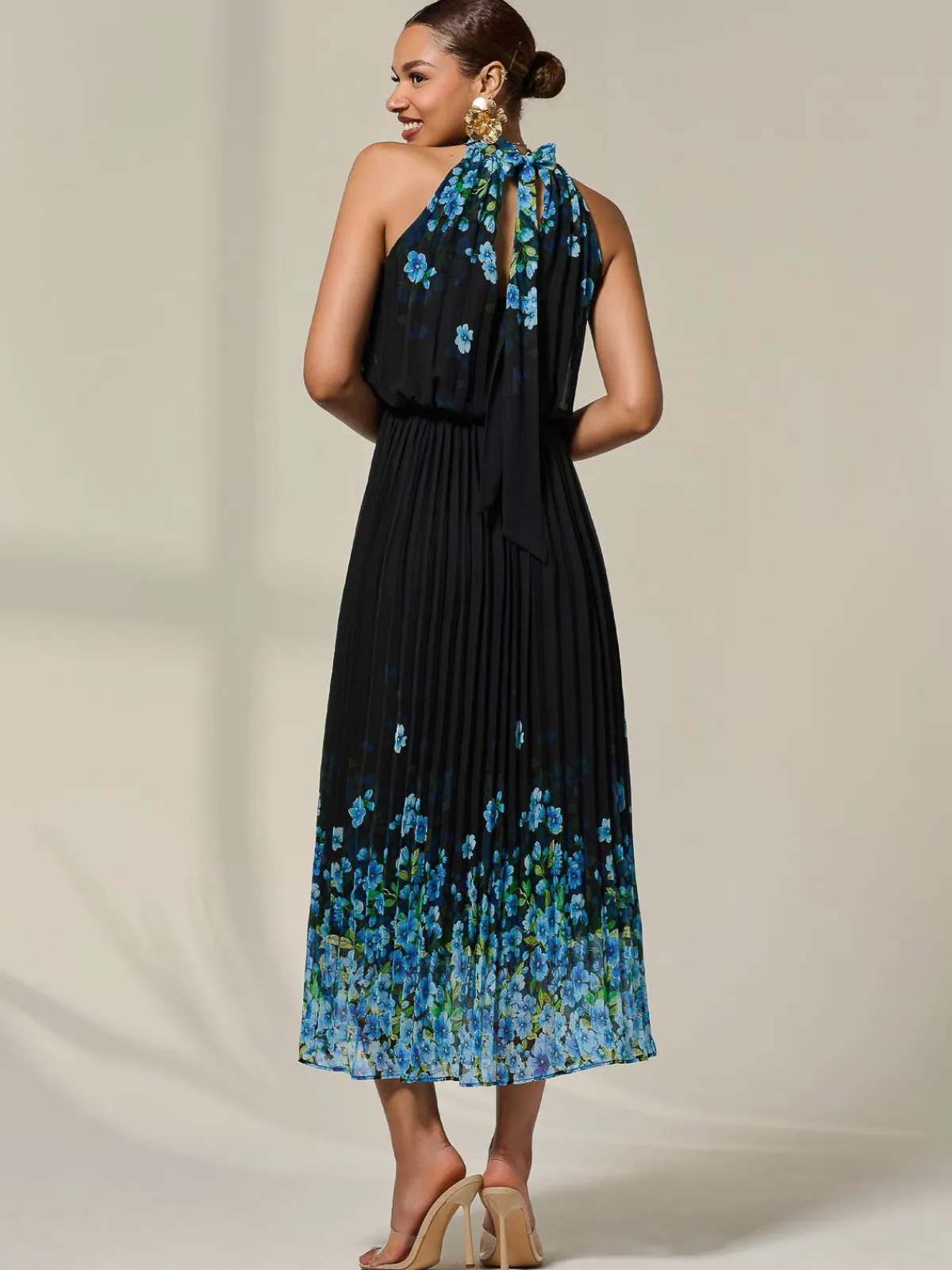 Jolie Moi Occasion Dresses|Maxi Dresses-Pleated Halterneck Maxi Dress, Blue Floral