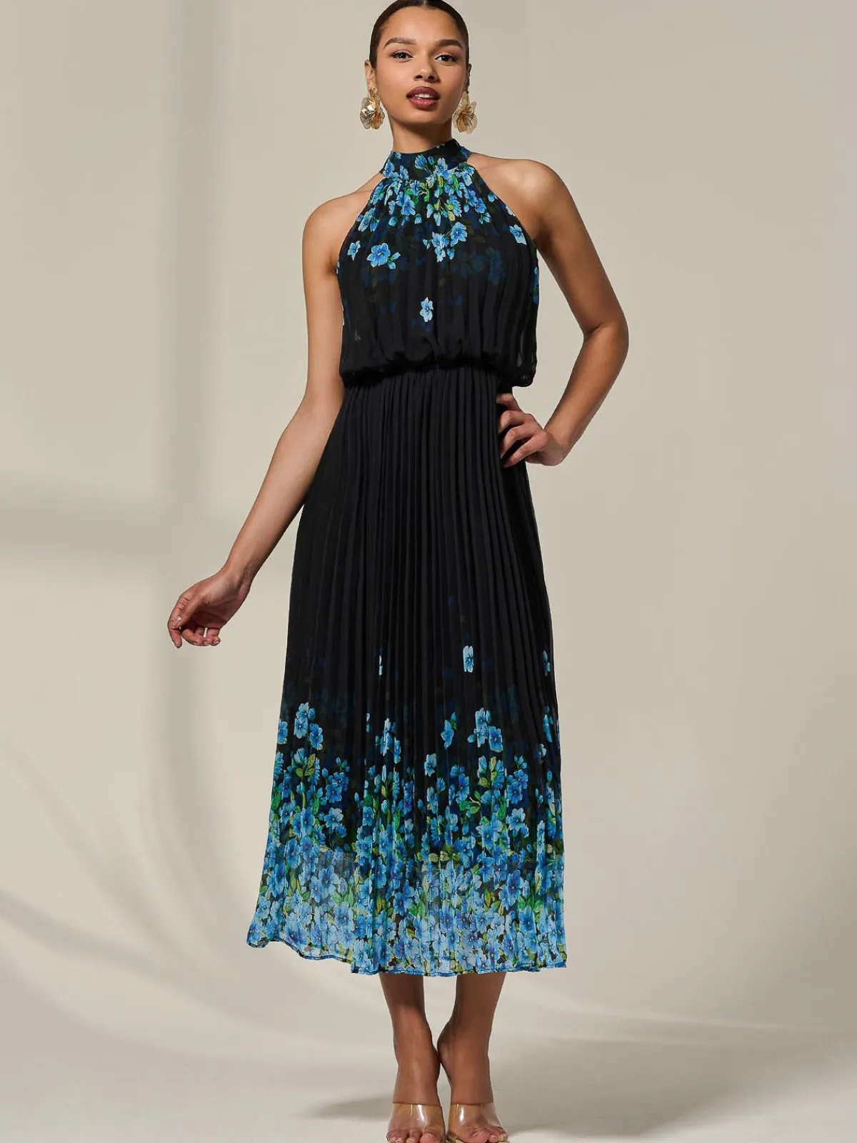 Jolie Moi Occasion Dresses|Maxi Dresses-Pleated Halterneck Maxi Dress, Blue Floral