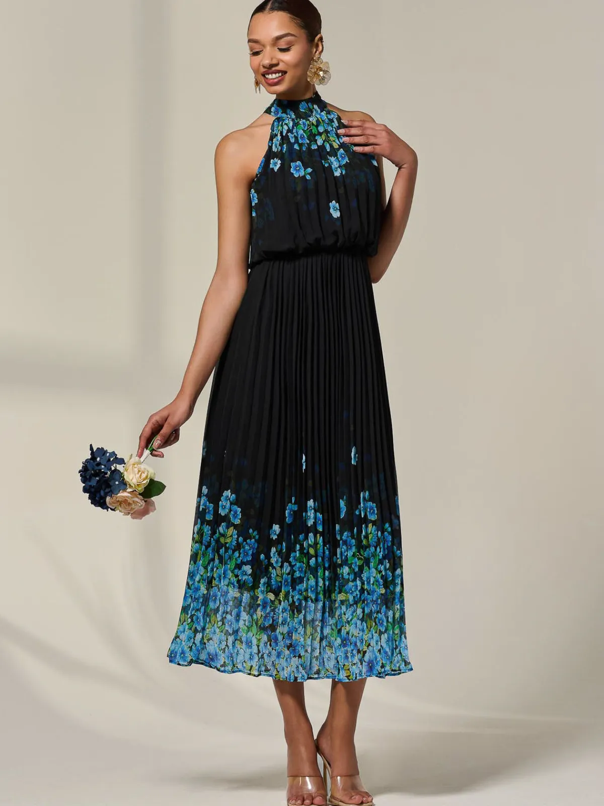 Jolie Moi Occasion Dresses|Maxi Dresses-Pleated Halterneck Maxi Dress, Blue Floral