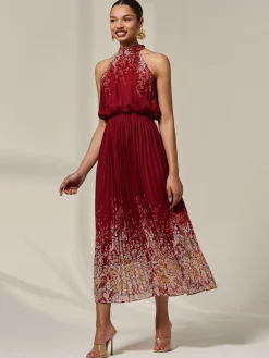 Jolie Moi Occasion Dresses|Floral Dresses-Pleated Halterneck Maxi Dress, Red Floral