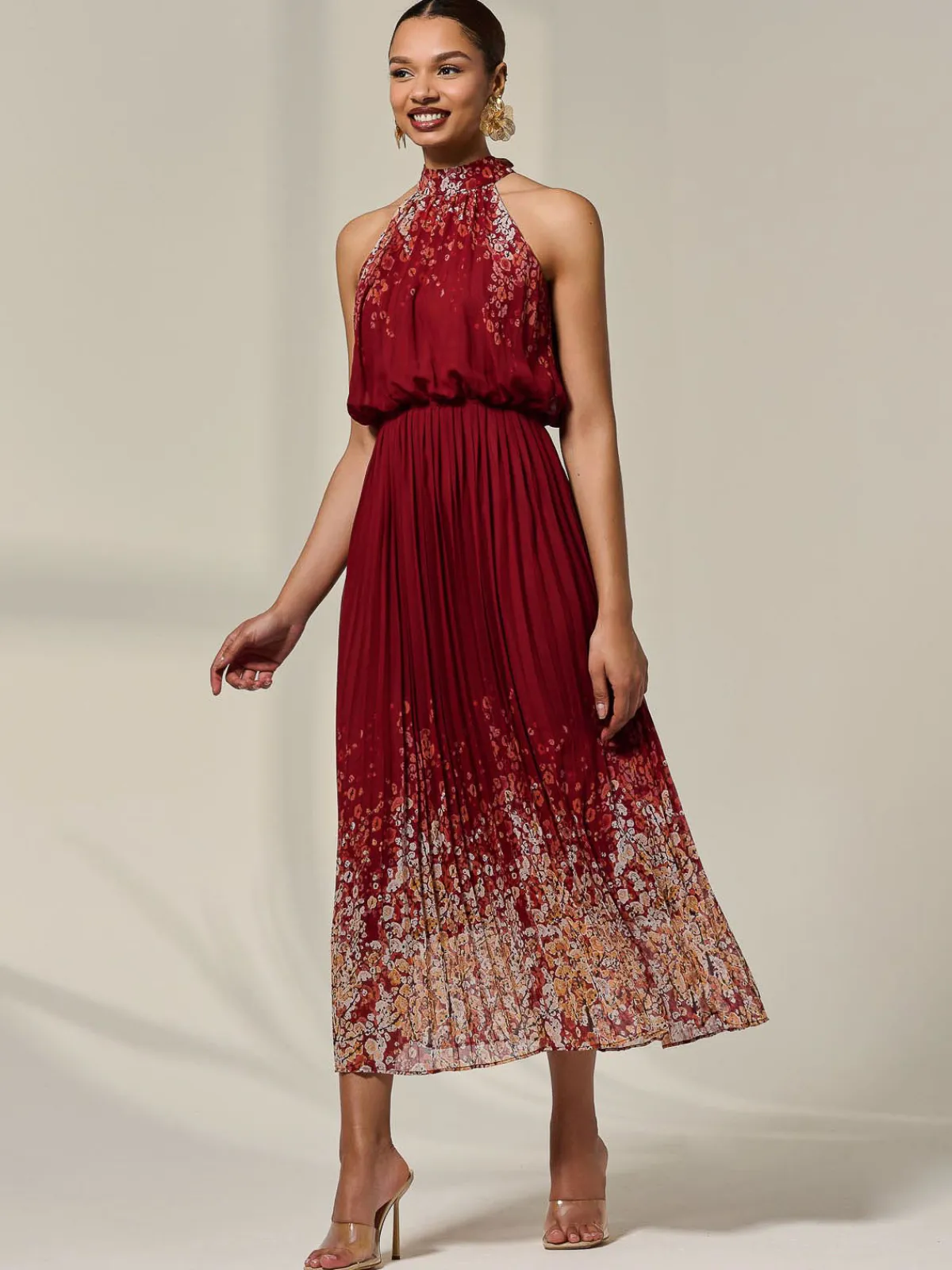 Jolie Moi Occasion Dresses|Floral Dresses-Pleated Halterneck Maxi Dress, Red Floral