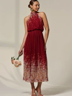 Jolie Moi Occasion Dresses|Floral Dresses-Pleated Halterneck Maxi Dress, Red Floral