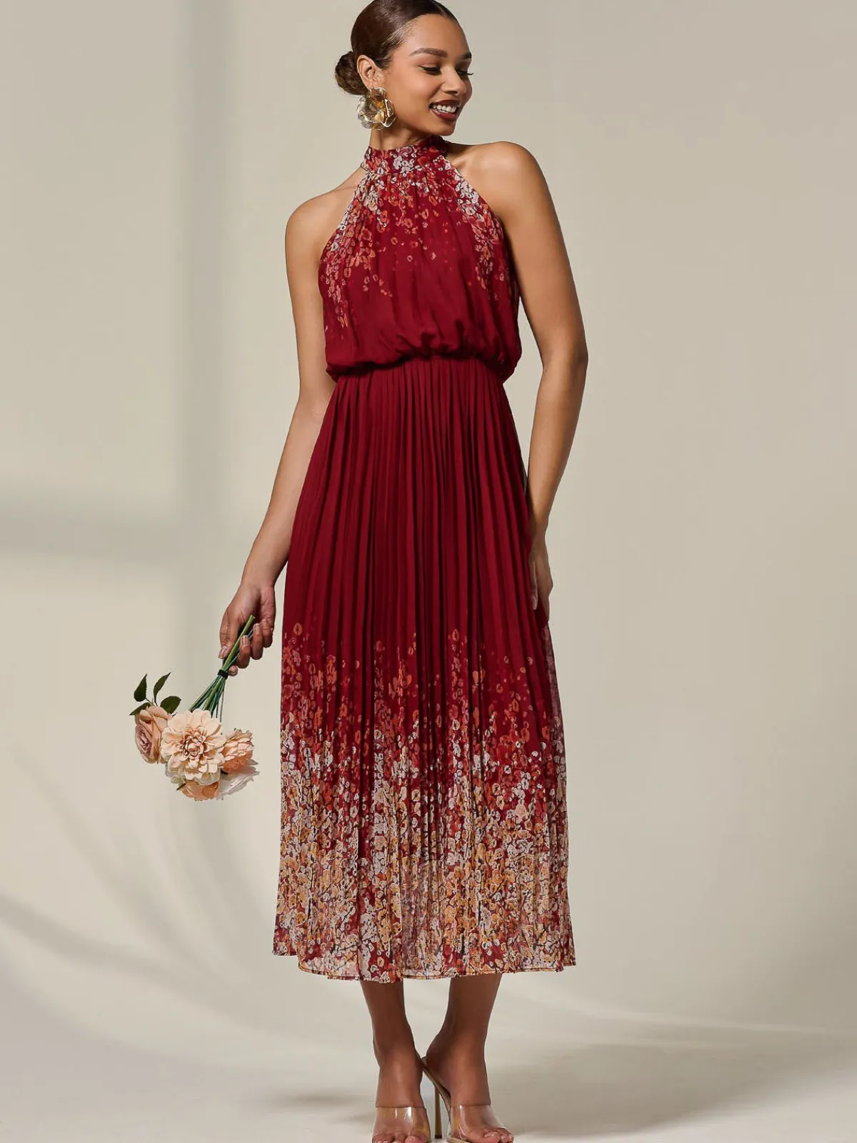 Jolie Moi Occasion Dresses|Floral Dresses-Pleated Halterneck Maxi Dress, Red Floral