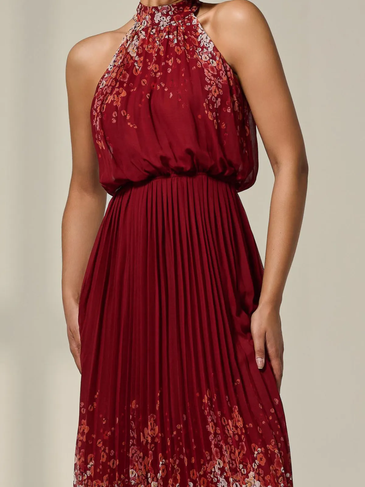 Jolie Moi Occasion Dresses|Floral Dresses-Pleated Halterneck Maxi Dress, Red Floral