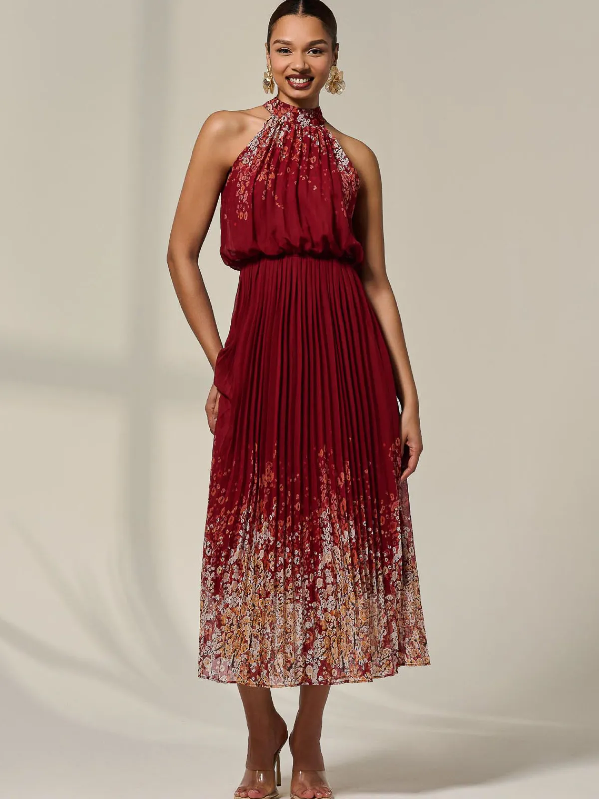Jolie Moi Occasion Dresses|Floral Dresses-Pleated Halterneck Maxi Dress, Red Floral