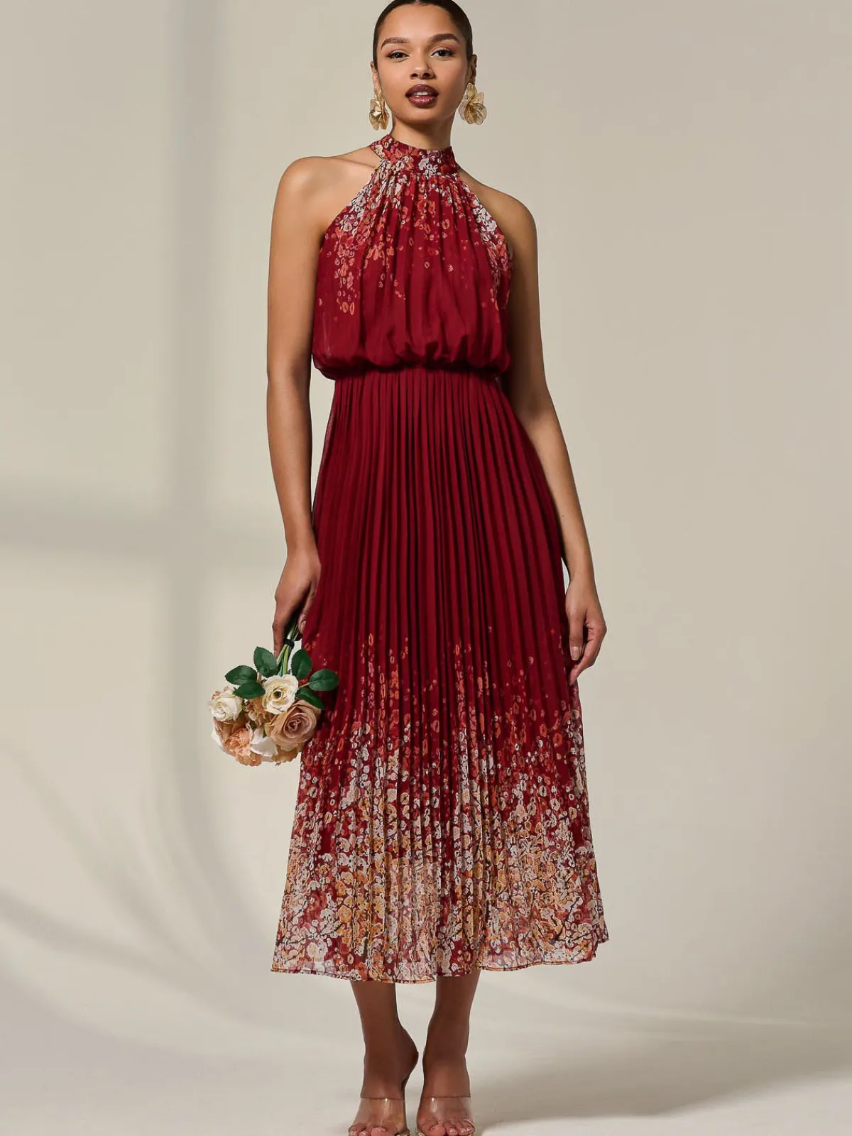 Jolie Moi Occasion Dresses|Floral Dresses-Pleated Halterneck Maxi Dress, Red Floral