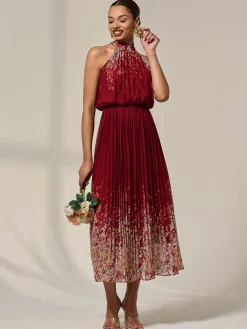 Jolie Moi Occasion Dresses|Floral Dresses-Pleated Halterneck Maxi Dress, Red Floral
