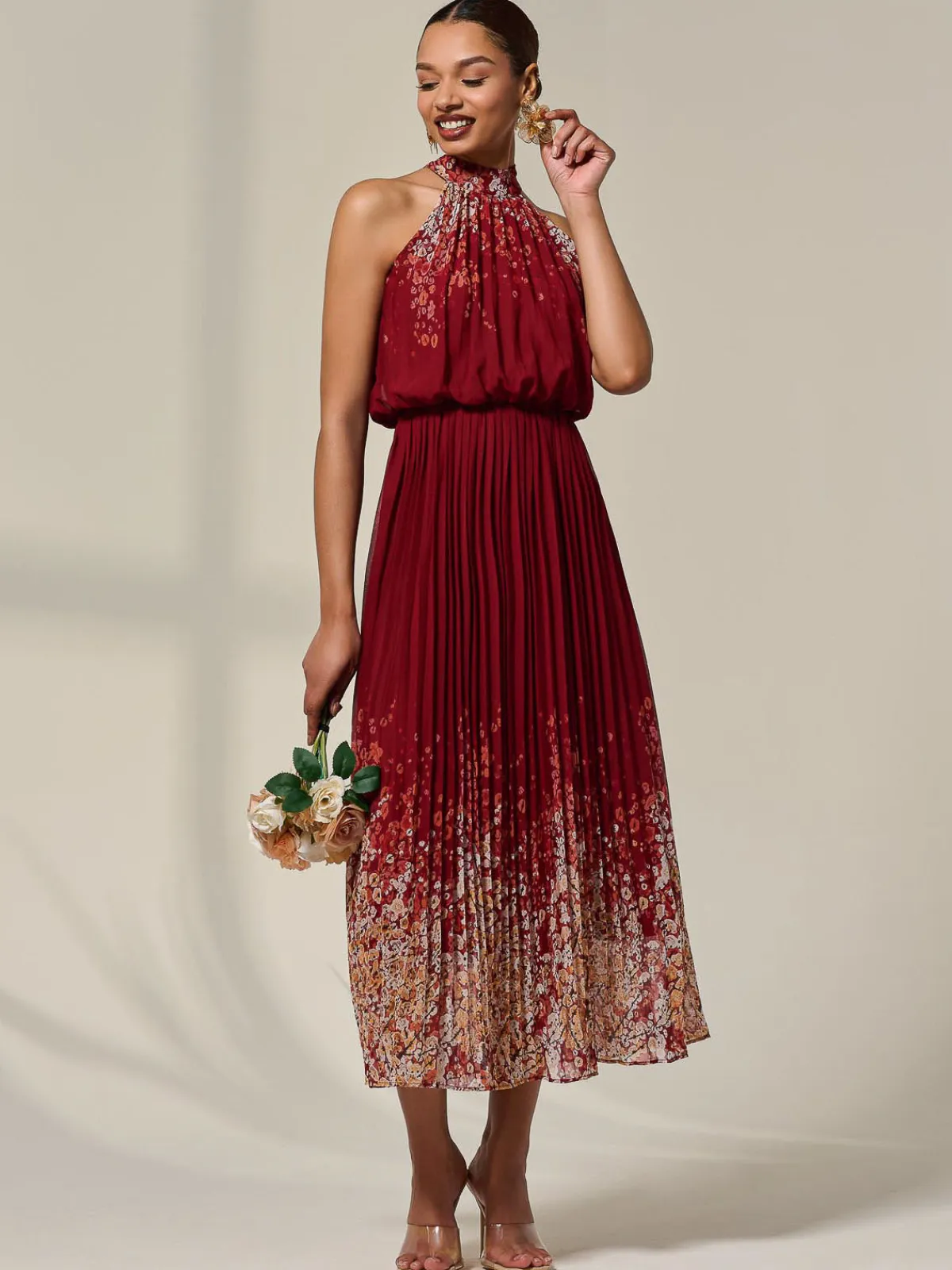 Jolie Moi Occasion Dresses|Floral Dresses-Pleated Halterneck Maxi Dress, Red Floral