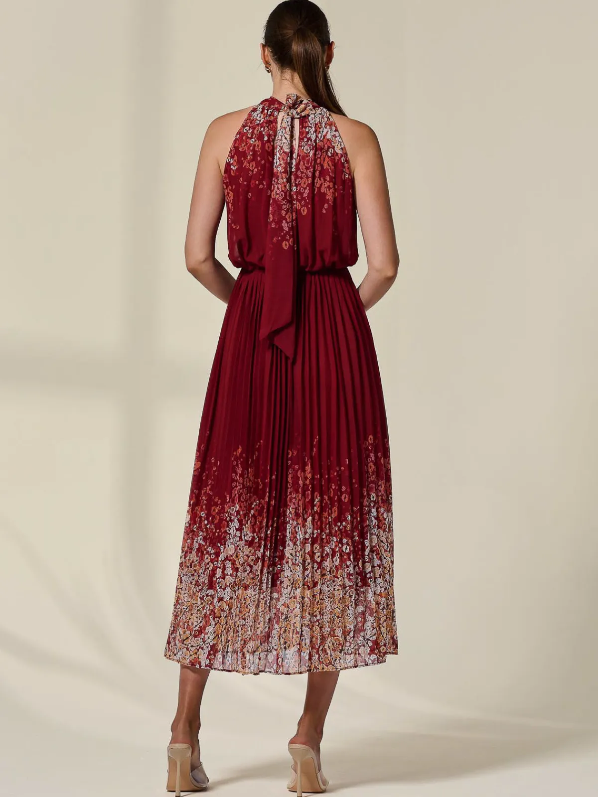 Jolie Moi Occasion Dresses|Floral Dresses-Pleated Halterneck Maxi Dress, Red Floral