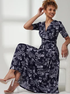 Jolie Moi Occasion Dresses|Floral Dresses-Pleated Jersey Maxi Dress, Navy White Floral