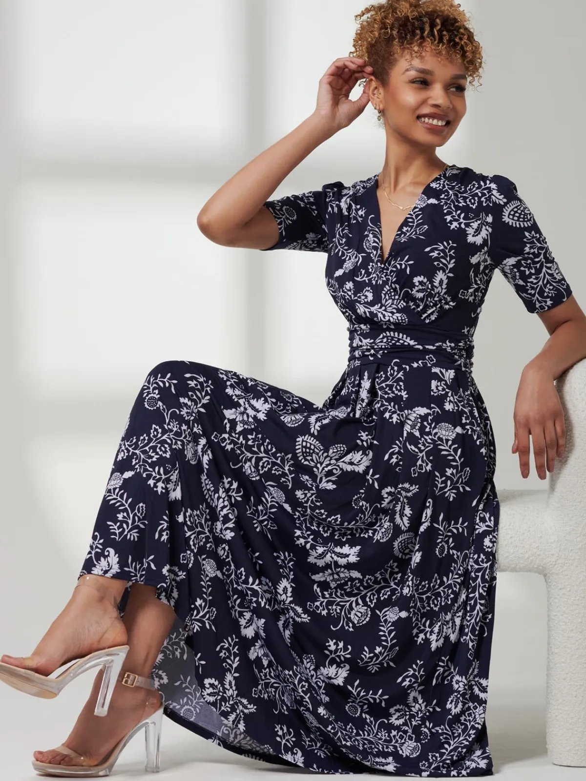 Jolie Moi Occasion Dresses|Floral Dresses-Pleated Jersey Maxi Dress, Navy White Floral