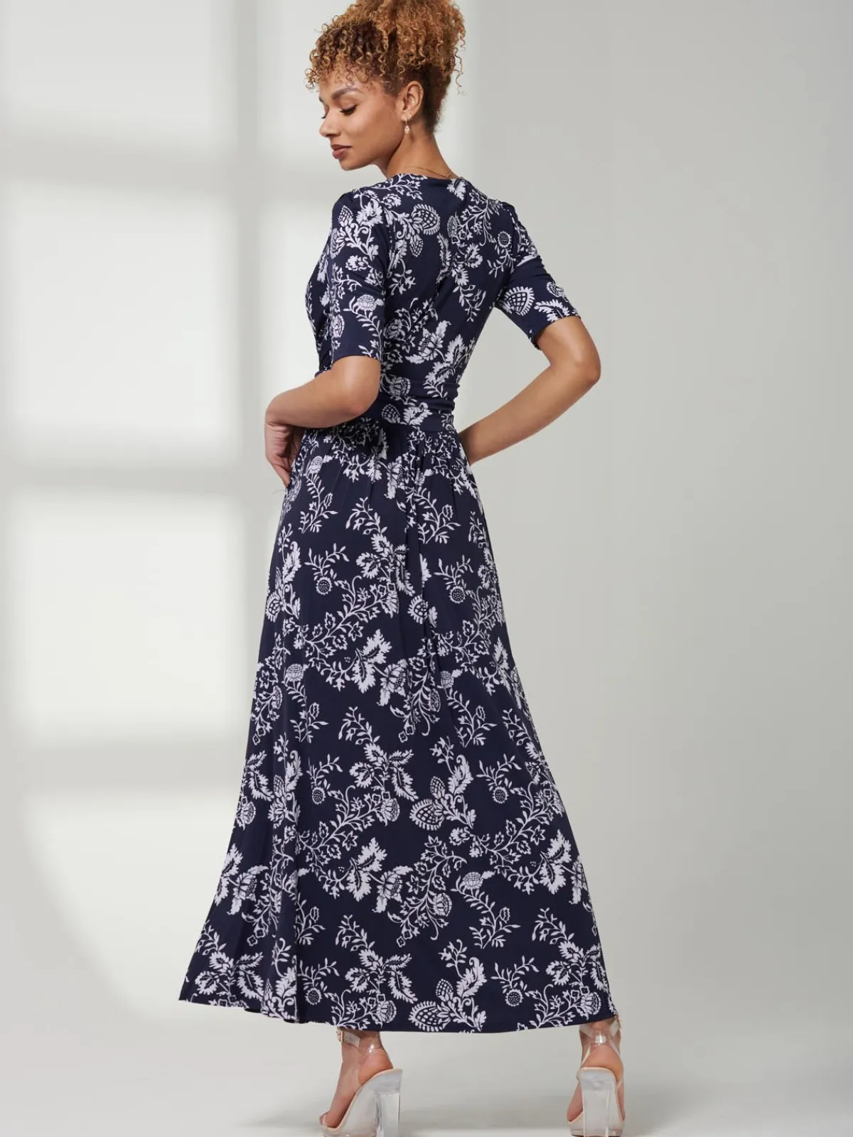 Jolie Moi Occasion Dresses|Floral Dresses-Pleated Jersey Maxi Dress, Navy White Floral