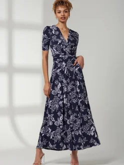 Jolie Moi Occasion Dresses|Floral Dresses-Pleated Jersey Maxi Dress, Navy White Floral