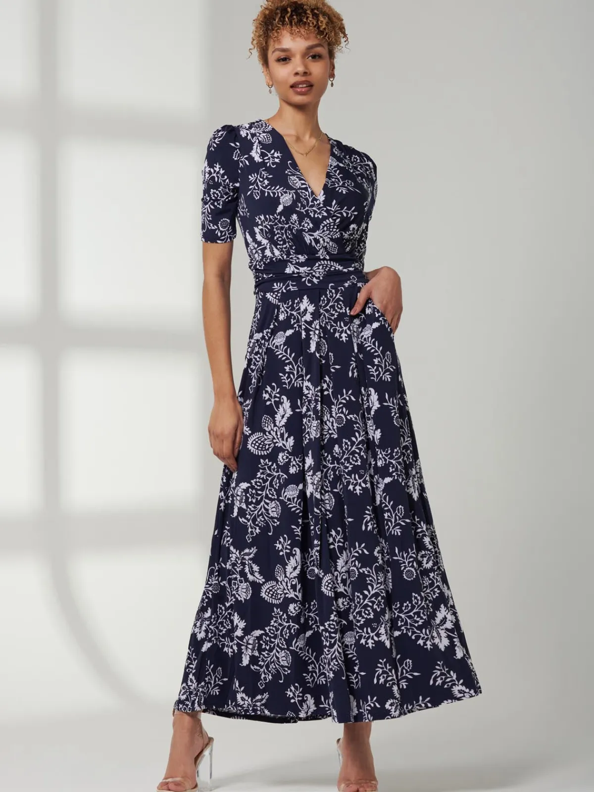 Jolie Moi Occasion Dresses|Floral Dresses-Pleated Jersey Maxi Dress, Navy White Floral