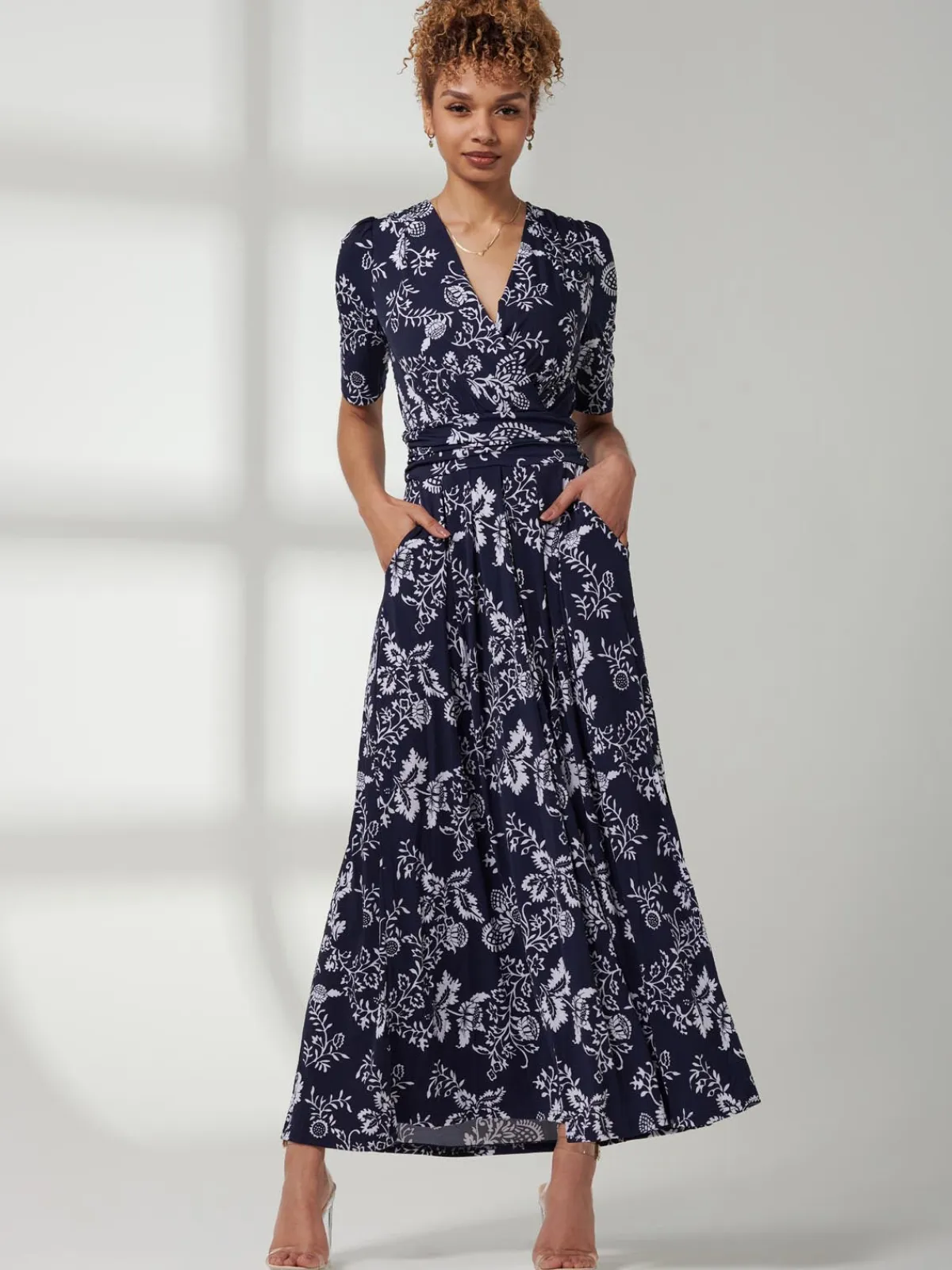 Jolie Moi Occasion Dresses|Floral Dresses-Pleated Jersey Maxi Dress, Navy White Floral