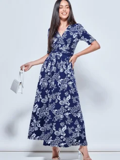 Jolie Moi Occasion Dresses|Floral Dresses-Pleated Jersey Maxi Dress, Navy White Floral