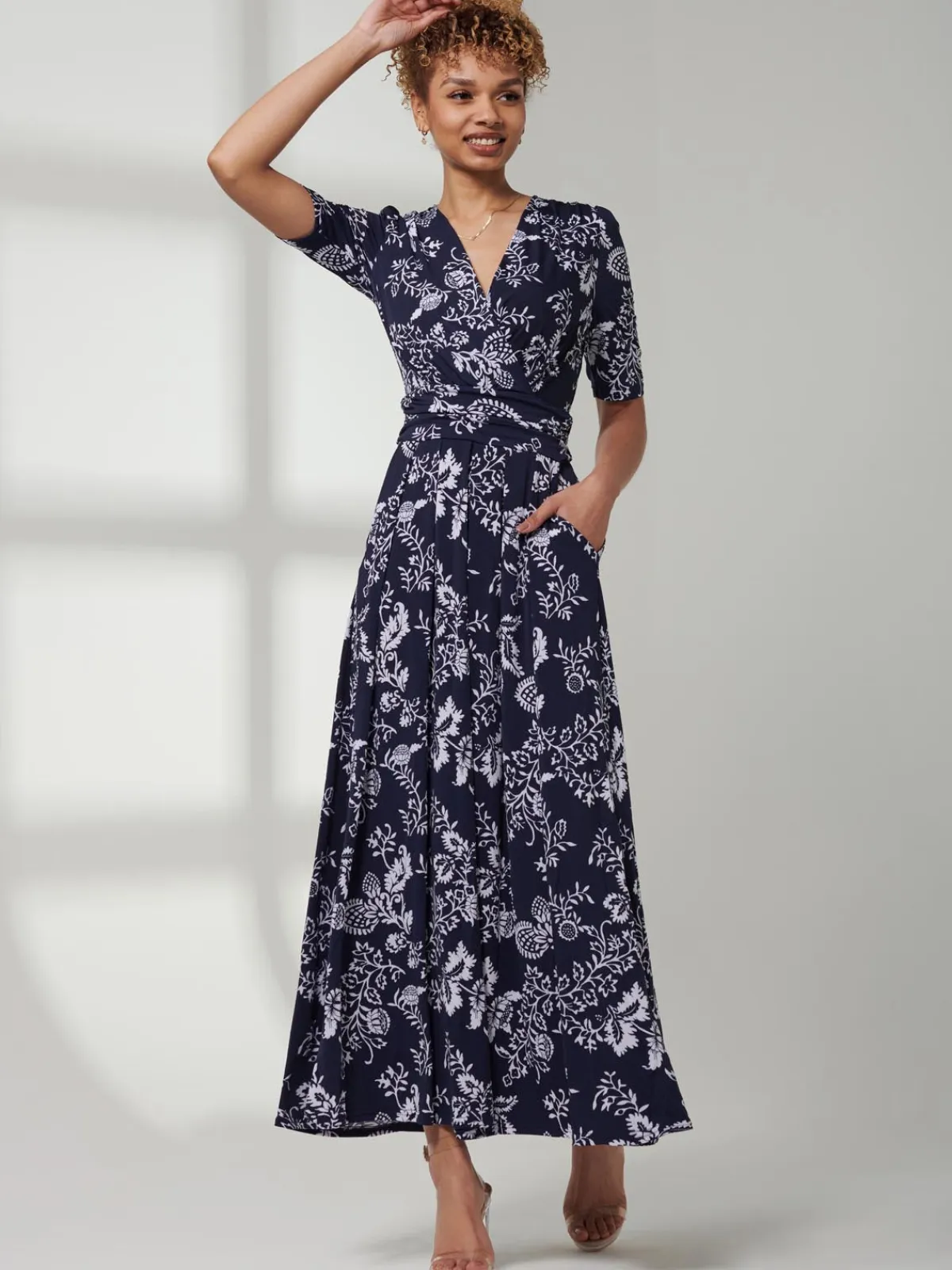 Jolie Moi Occasion Dresses|Floral Dresses-Pleated Jersey Maxi Dress, Navy White Floral