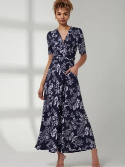 Jolie Moi Occasion Dresses|Floral Dresses-Pleated Jersey Maxi Dress, Navy White Floral
