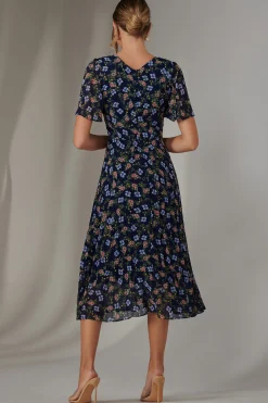 Jolie Moi Floral Dresses|Weekend Casuals-Pleated Midaxi Dress, Navy Blue Multi