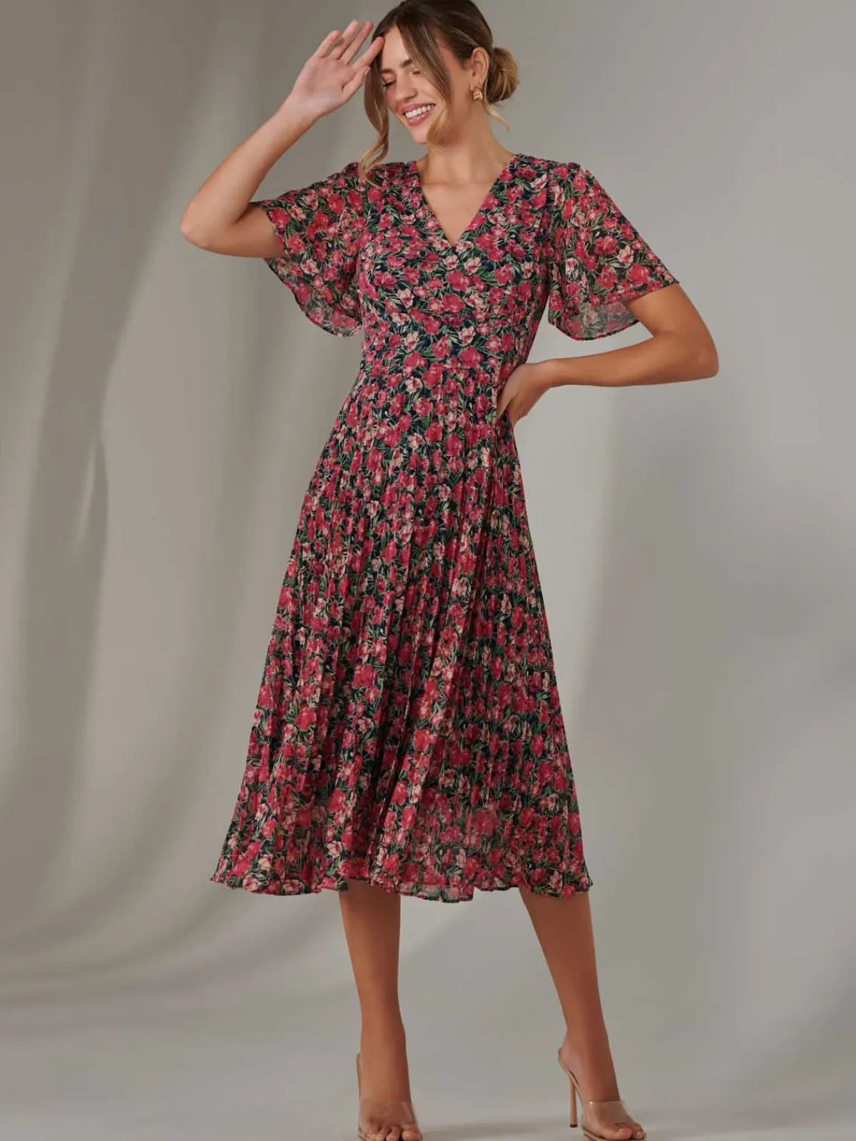 Jolie Moi Occasion Dresses|Floral Dresses- Pleated Midaxi Dress Pink Floral