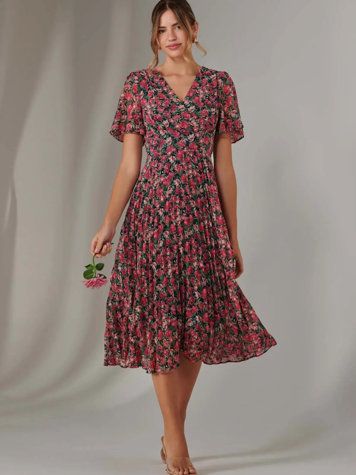 Jolie Moi Occasion Dresses|Floral Dresses- Pleated Midaxi Dress Pink Floral