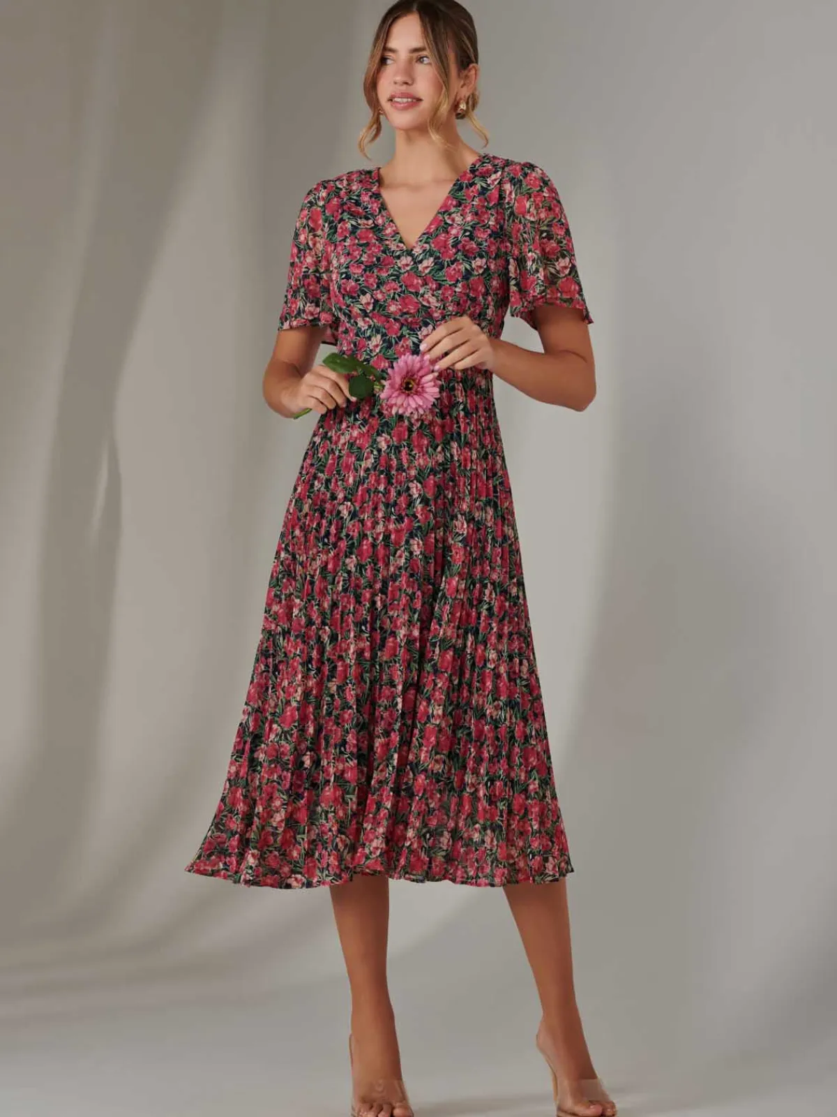 Jolie Moi Occasion Dresses|Floral Dresses- Pleated Midaxi Dress Pink Floral
