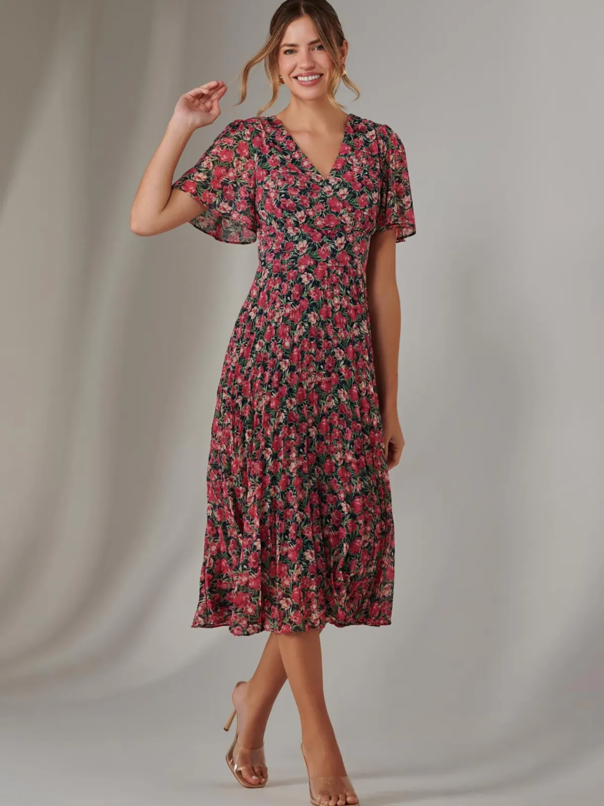 Jolie Moi Occasion Dresses|Floral Dresses- Pleated Midaxi Dress Pink Floral