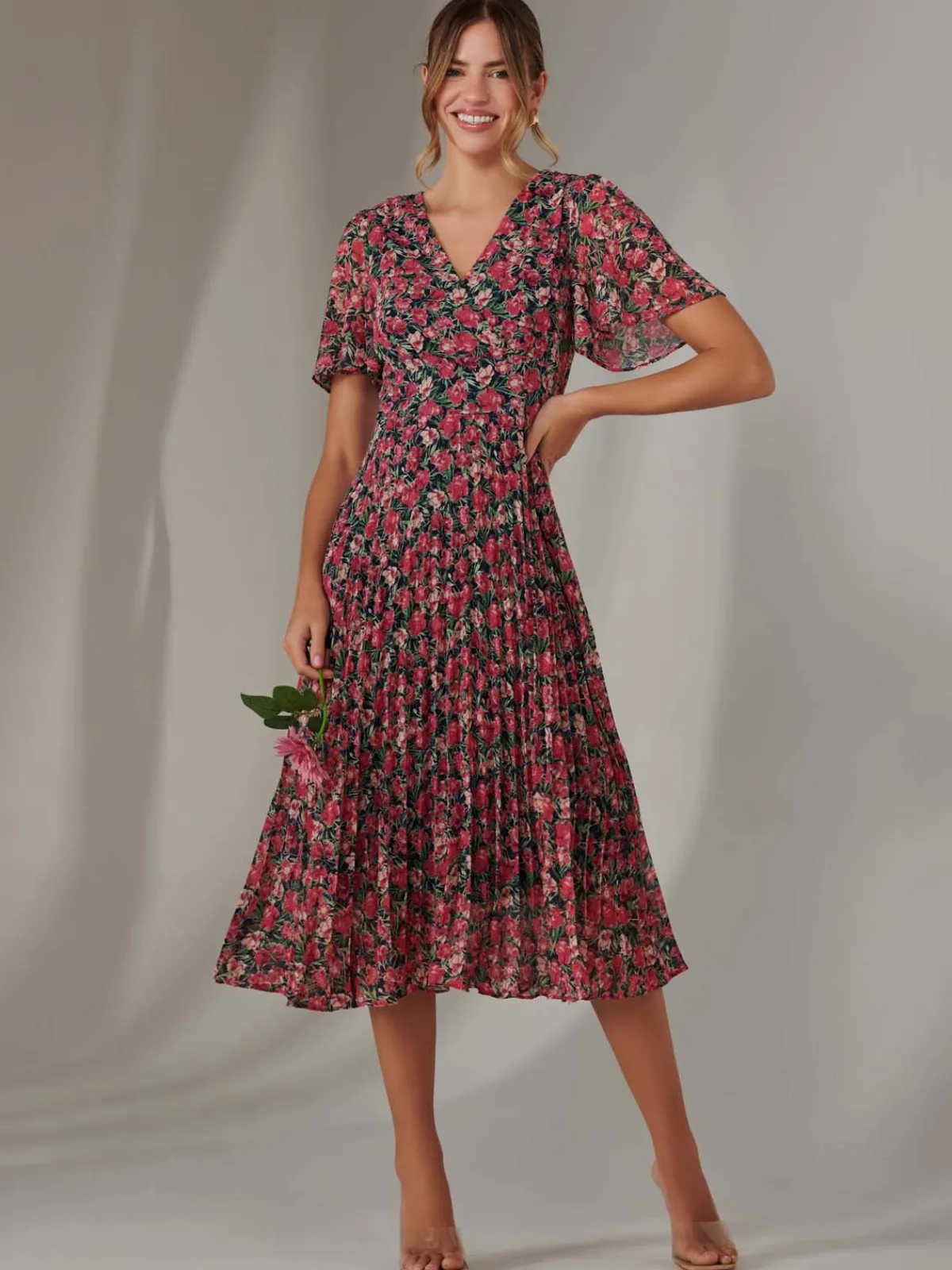 Jolie Moi Occasion Dresses|Floral Dresses- Pleated Midaxi Dress Pink Floral