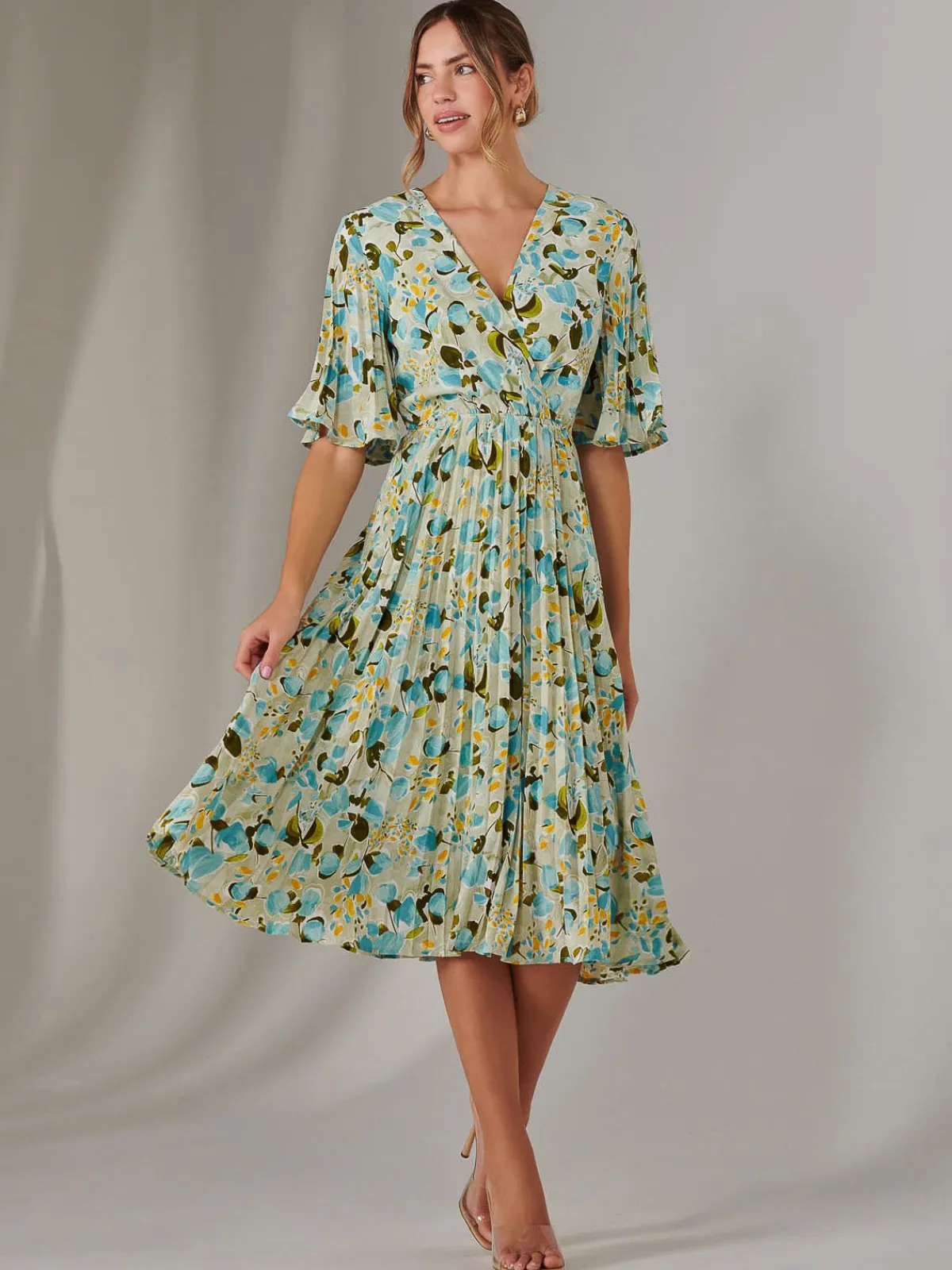 Jolie Moi Occasion Dresses|Floral Dresses-Pleated Wrap Midi Dress, Blue Floral