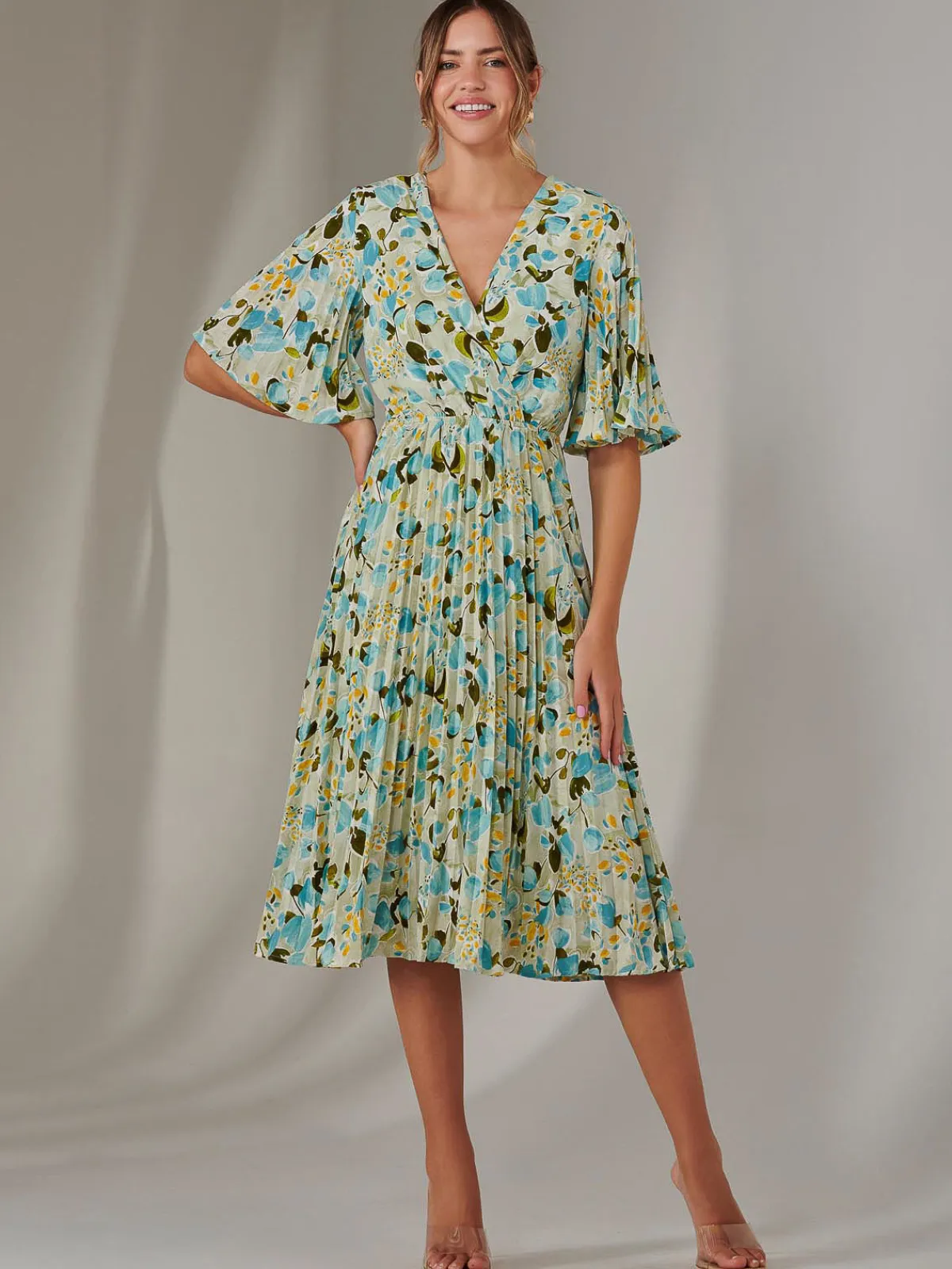 Jolie Moi Occasion Dresses|Floral Dresses-Pleated Wrap Midi Dress, Blue Floral