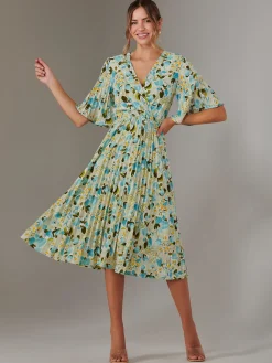 Jolie Moi Occasion Dresses|Floral Dresses-Pleated Wrap Midi Dress, Blue Floral