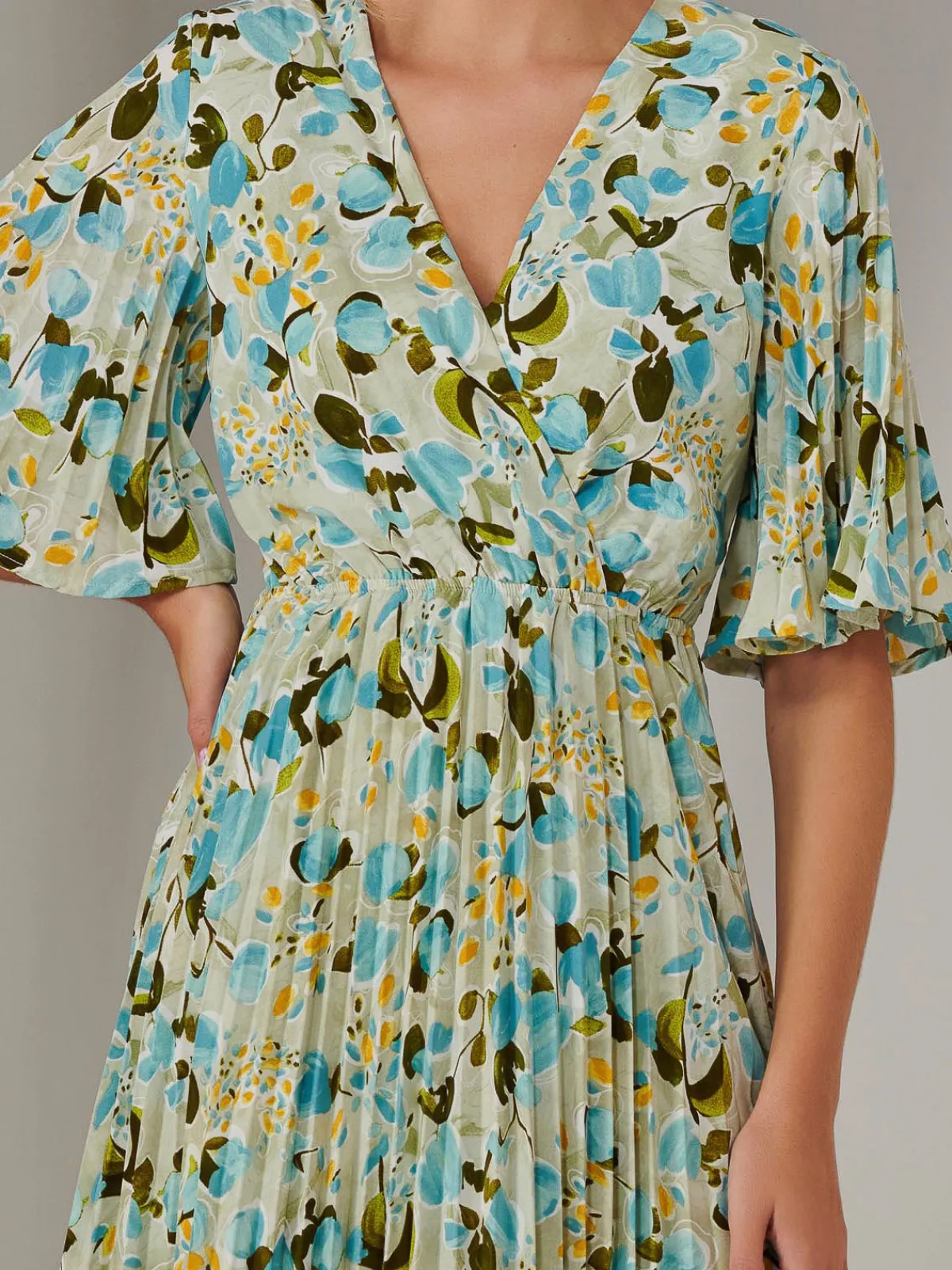 Jolie Moi Occasion Dresses|Floral Dresses-Pleated Wrap Midi Dress, Blue Floral