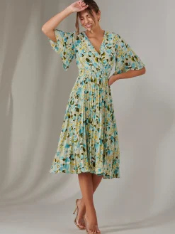 Jolie Moi Occasion Dresses|Floral Dresses-Pleated Wrap Midi Dress, Blue Floral